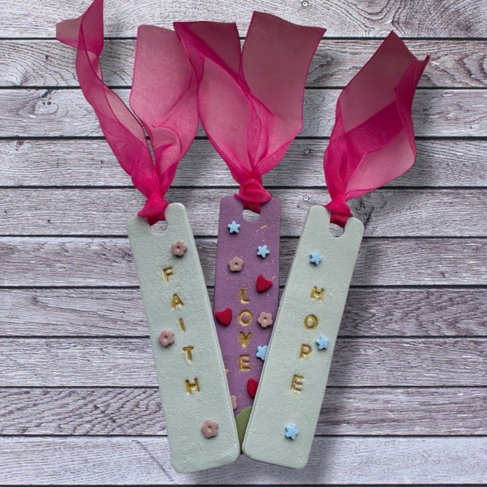 Handmade Inspirational Sensory Polymer Clay Bookmark Set of 3 Faith Love Hope